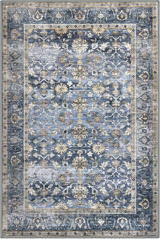 KUTA Vintage 2x3 Rugs for Entryway, Non-Slip Washable Kitchen Rugs & Indoor Door Mat with Floral Print, Blue Grey Beige Ultra Thin Soft Low-Pile Throw Rug for Front Door, Bedside, Small Spaces