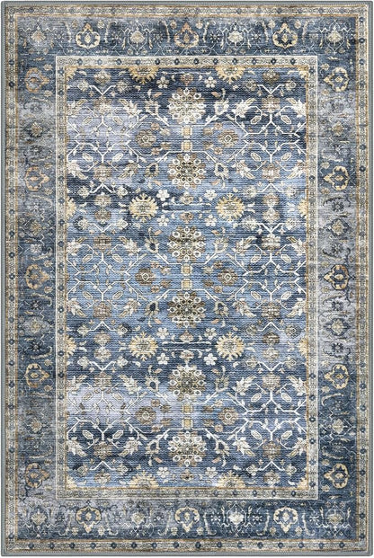 KUTA Vintage 5x7 Area Rugs Blue Grey Beige, Washable Rugs for Living Room Ultra Thin Soft Non-Slip Printed Distressed Tribal Traditional Farmhouse Carpet for Bedroom Dining Room Dorm Office Home