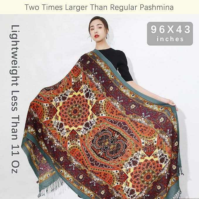 DANA XU 100% Merino Wool Pashmina Shawl for Women 96"x43", Oversized Cashmere Wrap with Tassels, Floral Travel Blanket Cape