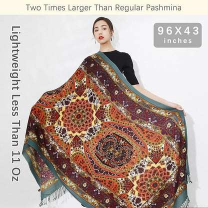 DANA XU 100% Merino Wool Pashmina Shawl for Women 96"x43", Oversized Cashmere Wrap with Tassels, Floral Travel Blanket Cape