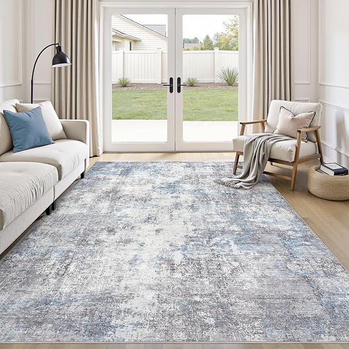 Washable 6X9 Area Rug: Modern Abstract Soft Non-Slip Indoor Rugs Home Decor - Low Pile Stain Resistant Carpet for Living Room Bedroom Dining Room Playroom Office(Blue Grey 6'x9')