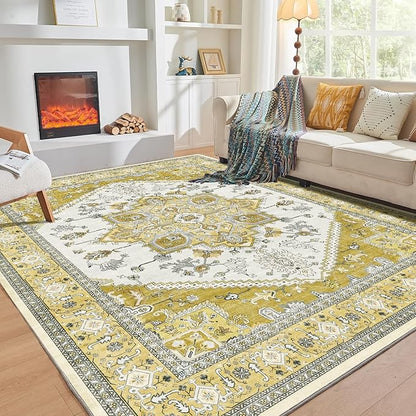OPPODREAM Thin Area Rugs 9x12 Living Room, Washable Rugs 9x12 with Non Slip Backing, Faux Cashmere Low-Pile 9 x 12 Carpet, Yellow