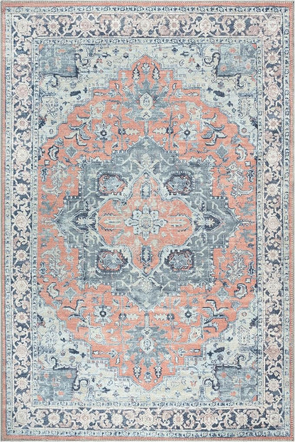 Bloom Rugs Washable Non-Slip 5' x 7' Rug - Coral/Blue Traditional Medallion Area Rug for Living Room, Bedroom, Dining Room, and Kitchen - Exact Size: 5' x 7'