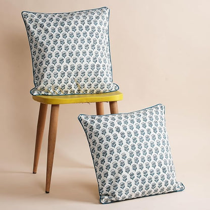 SheetKart Pure Cotton Throw Pillow Covers - Set of 2 - Hand Block Pure Cotton Printed Boho Decorative Pillow Covers - Cushion Covers for Living Room, Bohemian Theme, 18 x 18 Inches, Ocean Mist Teal