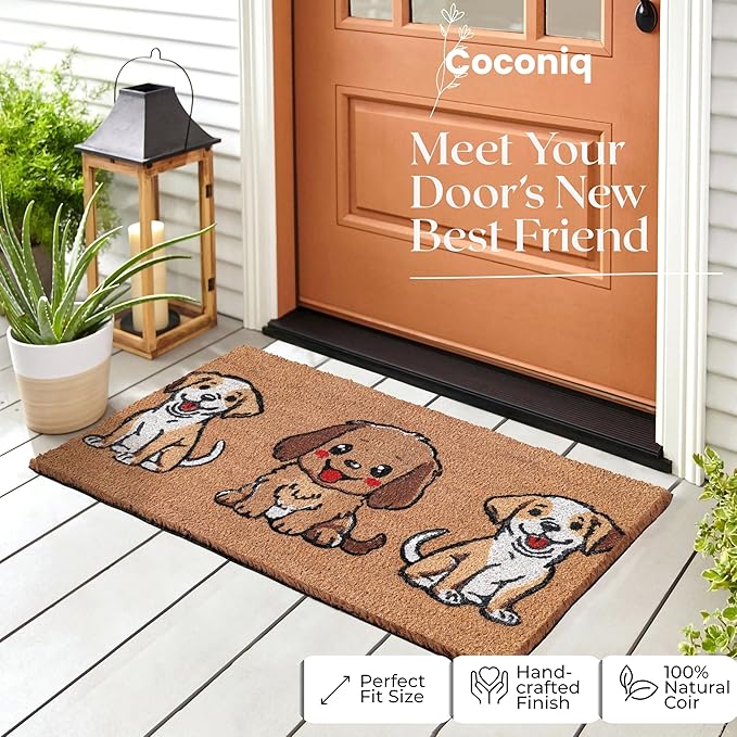 Coir Door Mats 17" X 30", Non-Slip Sturdy, PVC Backed Heavy Duty, Easy to Clean, Ideal for Door Entrance, Patio, Porch, Backyard, Garages, The 3 Cute Musketeer Puppies