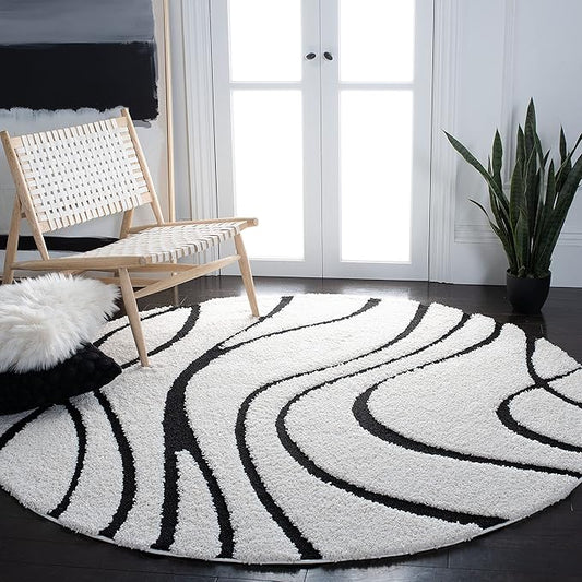 SAFAVIEH Florida Shag Collection Area Rug - 6'7" Round, Ivory & Black, Non-Shedding & Easy Care, 1.2-inch Thick Ideal for High Traffic Areas in Living Room, Bedroom (SG471-1290)