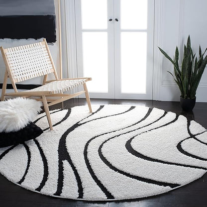SAFAVIEH Florida Shag Collection Area Rug - 11' Round, Ivory & Black, Non-Shedding & Easy Cleaning, Plush Thick Pile, Ideal for Living Room, Bedroom, Dining Space (SG471-1290)