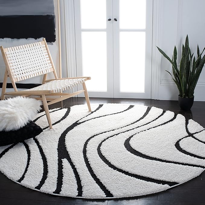 SAFAVIEH Florida Shag Collection Area Rug - 12' Round, Ivory & Black, Non-Shedding & Easy Cleaning, Plush Thick Pile, Ideal for Living Room, Bedroom, Dining Space (SG471-1290)
