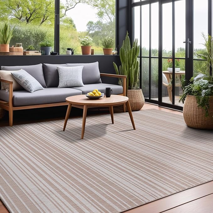 Stripe Outdoor Rug 10x14 Washable Outside Carpet for Indoor Patio Porch Waterproof Easy Cleaning Non Shedding Area Rugs Beige 10 x 14