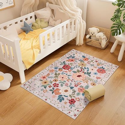 DUKINO 3x4 Area Rug, Lightweight Non Slip Washable Floral Rug, Indoor Low Pile & Non-Shedding Boho Design Carpets for Bedroom, Kitchen, Dining Room, Beige