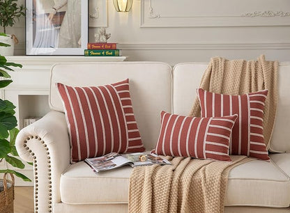 Caflife Boho Throw Pillow Covers 20x20 Set of 2 Soft Farmhouse Decorative Couch Pillow Cases Rust Striped Pillow Covers Neutral Cushion Covers for Sofa Bed Living Room Home Decor