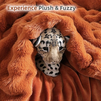 Smoofy Faux Fur Fall Throw Blanket for Couch – Burnt Orange Fluffy Cozy Rabbit Fleece, Plush Soft Bubble Blanket for Sofa & Bed, for Mom, Warm Fuzzy Home Room Decor Throw 60" x 80"