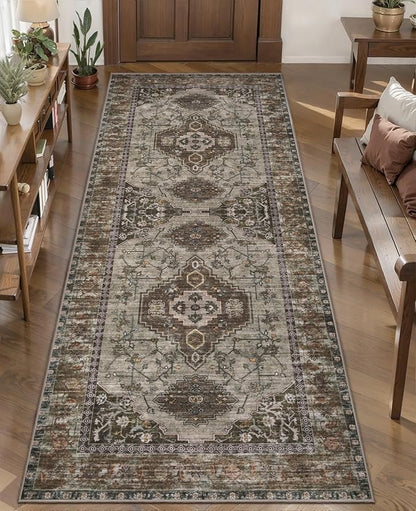 Tangsoo 2x5 Washable Runner Rug for Hallways, Non Slip Vintage Runner Rug, Soft Low Pile Long Rug Runner, Print Distressed Carpet Runners for Kitchen Bedroom Entryway Bathroom Living Room Grey