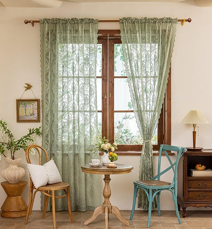 Green Lace French Delicacy Curtains 96 Inches Long -Rod Pocket Luxury Vintage Bow Butterfly Sheer Lace Flower Curtains for Living Room Bedroom，52 x 96 Inch, 2 Panels