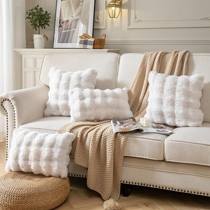 Pack of 2 Thick Plush Throw Pillow Covers Fluffy Wave Faux Fur Decorative Cushion Covers Soft Wool Pillowcase for Sofa Couch Livingroom 16x16 Inch White