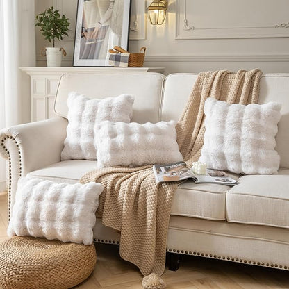 Pack of 2 Thick Plush Throw Pillow Covers Fluffy Wave Faux Fur Decorative Cushion Covers Soft Wool Pillowcase for Sofa Couch Livingroom 20x20 Inch White