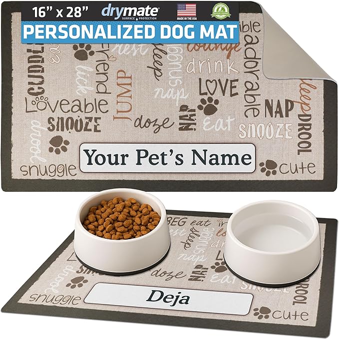 Drymate Personalized Pet Bowl Placemat, Custom Dog & Cat Food Feeding Mat - Absorbent Fabric, Waterproof Backing - Machine Washable/Durable (USA Made) (16" x 28") (Linen Tan)