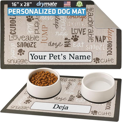 Drymate Personalized Pet Bowl Placemat, Custom Dog & Cat Food Feeding Mat - Absorbent Fabric, Waterproof Backing - Machine Washable/Durable (USA Made) (16" x 28") (Linen Tan)