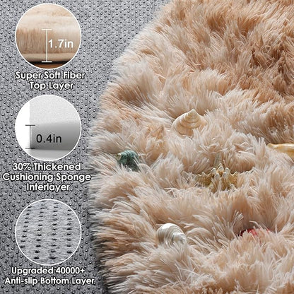 ONASAR Tie-Dye Beige Round Area Rug 4ft, Soft Bedroom Circle Rugs Floor Mats for Kids Girls Teen Room, Kawaii Fluffy Plush Shaggy Carpet for Baby Nursery Living Room Playroom Home Decor