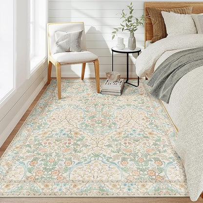 MUJOO 3x5 Rug Washable,Floral Area Rug for Bedroom Office Entryway Living Room Bedside,Small Throw Carpet Boho Non Slip Indoor Floor Neutral Vintage Ultra-Thin Light Green and Beige