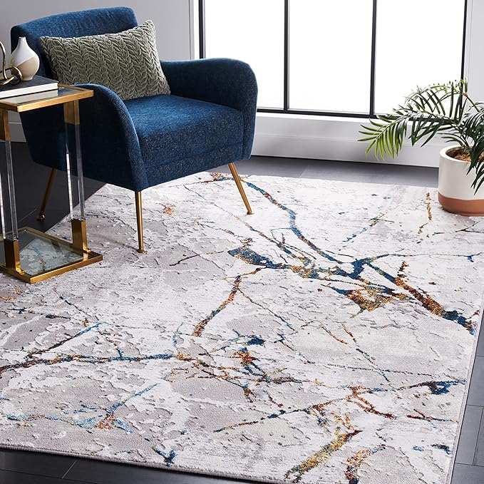 SAFAVIEH Area Rug 8x10 - Amelia Collection - Large - Grey & Blue Gold, Modern Design, Non-Shedding & Easy Cleaning, Ideal for Living Room, Bedroom, Office, Dining Space (ALA293M)
