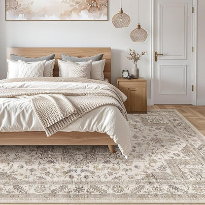 Vintage Living Room Area Rug 5x7 - Large Soft Washable Oriental Traditional Distressed Farmhouse Rugs for Bedroom - Indoor Floor Accent Carpet for Home Office House Decor - Light Brown