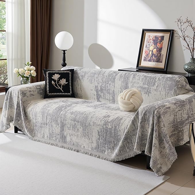 MEETSKY Boho Couch Cover for 2 Cushion Couch Sofa, Chenille Sofa Cover for Sectional Sofa, Modern Khaki Abstract Jacquard Sofa Covers Washable Sofa Slipcover for Pets Friendly, 91" X118", Light Grey