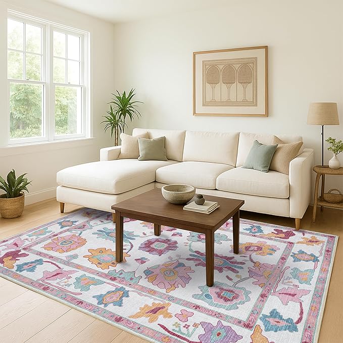 Fame Living Pink Oushak Rug, Modern, Vintage, Turkish, Eclectic, Floral, Pastel, Washable, Area Rugs for Living Room, Dining, Bedroom, Office, Entryway, Foyer, Playroom, Nursery, 5'x6'9"