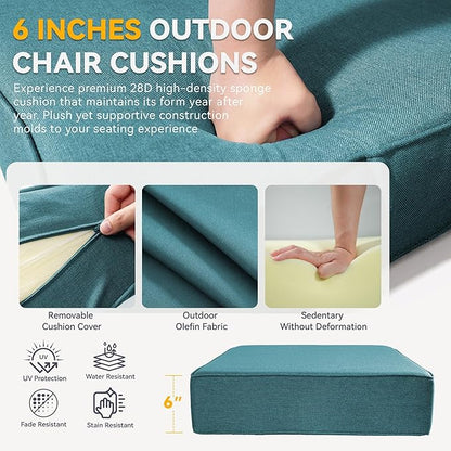 Outdoor Cushion Set for Furniture Patio Furniture, UV Resistant, Water Resistant - 6 Inch Thick Foam Garden Cushions– 24x24 Inch Patio Seat Covers for Chair/Sofa/Couch | Peacock Green | 5-Pack |