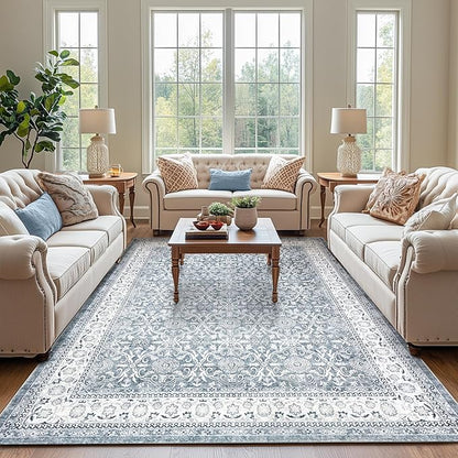 jinchan Floral 8x10 Area Rugs for Living Room - Machine Washable Vintage Distressed Boho Design Throw Rug Stain Resistant Carpet Low-Pile Thin Non-Slip for Bedroom Dining Room Nursery (8‘x10', Grey)