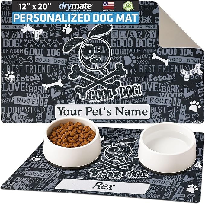 Drymate Personalized Pet Bowl Placemat, Custom Dog & Cat Food Feeding Mat - Absorbent Fabric, Waterproof Backing - Machine Washable/Durable (USA Made) (12" x 20") (Cross Bones - Black)