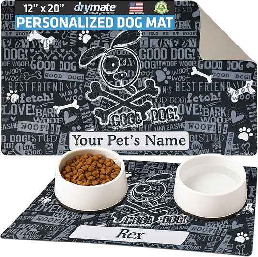 Drymate Personalized Pet Bowl Placemat, Custom Dog & Cat Food Feeding Mat - Absorbent Fabric, Waterproof Backing - Machine Washable/Durable (USA Made) (12" x 20") (Cross Bones - Black)