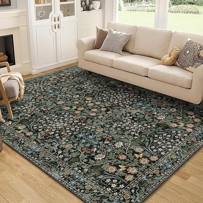 MUJOO Floral 5x7 Area Rugs,Washable Rug for Living Room Bedroom Office Dining Room,Large Throw Carpet,Boho Non Slip Indoor Floor Big Soft Botanical Vintage Ultra-Thin Black and Green