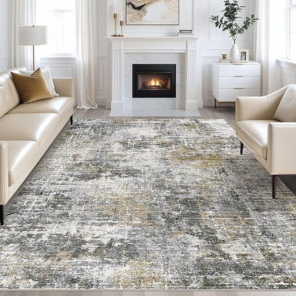 Abstract Living Room Rug 9x12 - Modern Washable Soft Thin Area Rug for Living Room Bedroom Under Dining Table - Neutral Indoor Floor Rug Carpets for Home Office Playroom Nursery - Black Gold