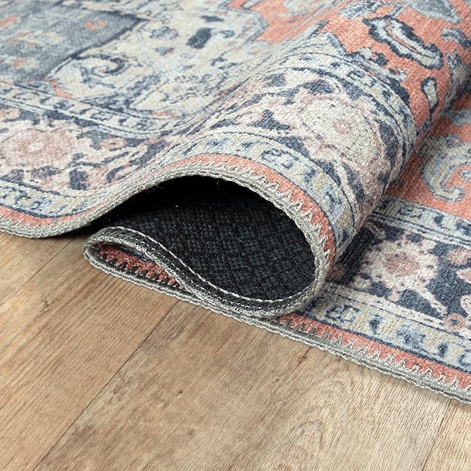 Bloom Rugs Washable Non-Slip 3' x 5' Rug - Coral/Blue Traditional Medallion Area Rug for Living Room, Bedroom, Dining Room, and Kitchen - Exact Size: 3' x 5'
