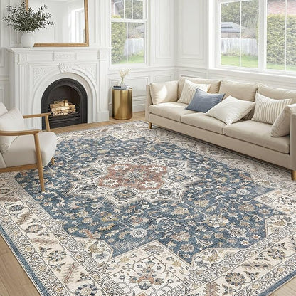 Vintage Living Room Area Rug 12x15 - Large Soft Washable Oriental Traditional Distressed Farmhouse Rugs for Bedroom - Indoor Floor Accent Carpet for Home Office House Decor - Vintage Blue