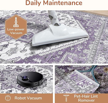 OPPODREAM Thin 6x9 Area Rugs, Washable Rug 6x9 with Non Slip Backing, Faux Cashmere Low-Pile 6 x 9 Carpet, Purple