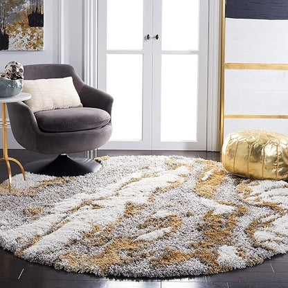 SAFAVIEH Horizon Shag Collection Area Rug - 10' Round, Grey & Gold, Modern Abstract Design, Non-Shedding & Easy Care, 2.6-inch Thick Ideal for High Traffic Areas in Living Room, Bedroom (HZN890D)