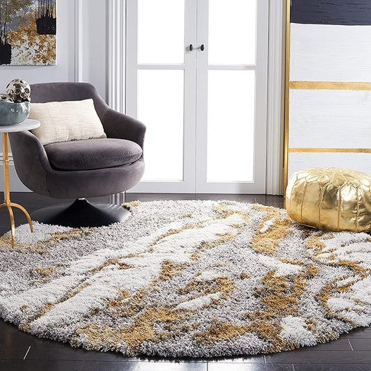 SAFAVIEH Horizon Shag Collection Area Rug - 10' Round, Grey & Gold, Modern Abstract Design, Non-Shedding & Easy Care, 2.6-inch Thick Ideal for High Traffic Areas in Living Room, Bedroom (HZN890D)