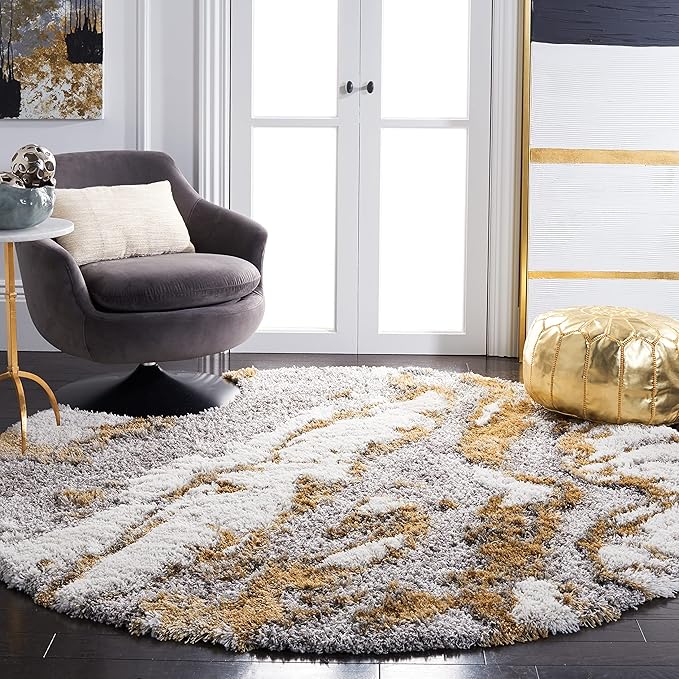 SAFAVIEH Horizon Shag Collection Area Rug - 5' Round, Grey & Gold, Modern Abstract Design, Non-Shedding & Easy Care, 2.6-inch Thick Ideal for High Traffic Areas in Living Room, Bedroom (HZN890D)
