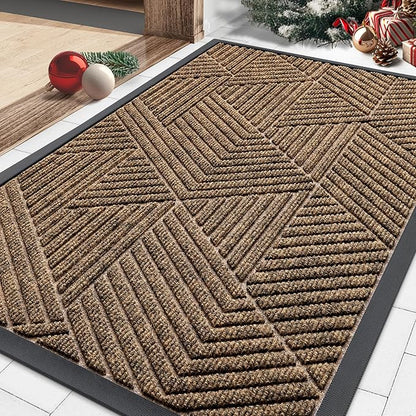 Smiry Front Door Mat Outside Entrance, Heavy Duty Sturdy Natural Rubber Doormat, Trap Dirt and Moisture, Easy Clean Low Profile Mats for Indoor Outdoor Entry, Irregular Triangle (29.5x17, Brown)