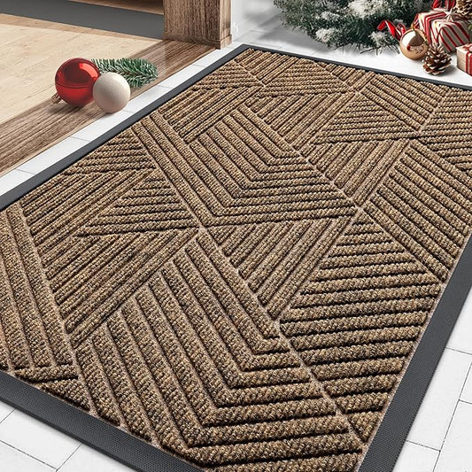 Smiry Front Door Mat Outside Entrance, Heavy Duty Sturdy Natural Rubber Doormat, Trap Dirt and Moisture, Easy Clean Low Profile Mats for Indoor Outdoor Entry, Irregular Triangle (29.5x17, Brown)