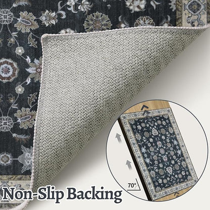 Tangsoo Vintage Floral Black 2x3 Washable Rugs for Entryway, Small Area Non-Slip Vintage Rug for Front Door, Brown Accent Rug Doormat, Soft Low Pile Rugs for Indoor Entrance Kitchen