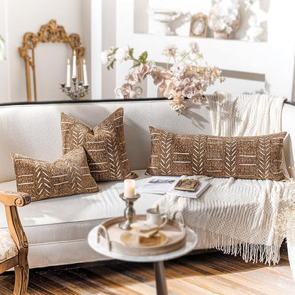 BlissBlush Fall Brown Decorative Lumbar Throw Pillow Covers 12X20, Set of 2, Boho Farmhouse Cushion Cover, Soft Accent Pillowcase for Couch Sofa Bed Living Room Home Décor