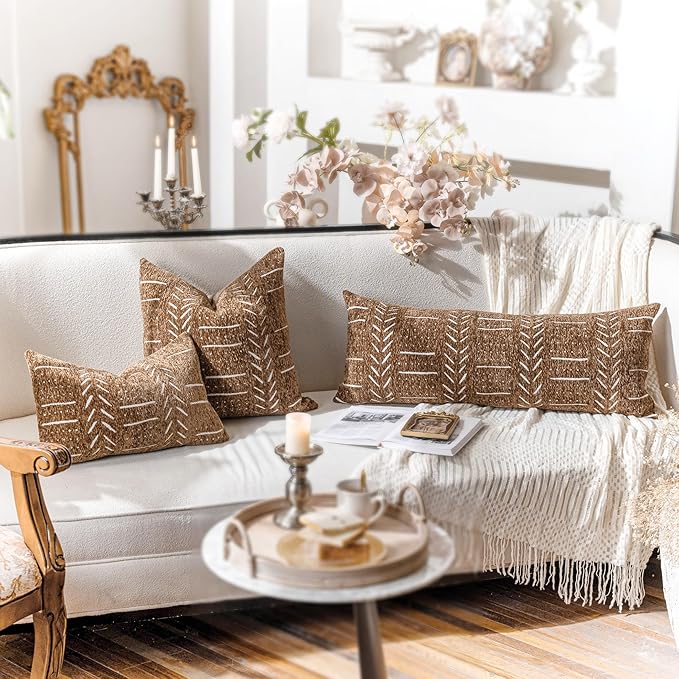 BlissBlush Fall Brown Decorative Throw Pillow Covers 18X18, Set of 2, Boho Farmhouse Cushion Cover, Cozy Soft Accent Pillowcase for Couch Sofa Bed Living Room Home Décor