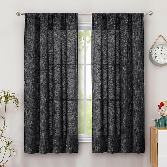 Simplebrand Black Faux Linen Textured Curtains 63 Inch Length 2 Panels for Bedroom, Semi Sheer Light Filtering Privacy Farmhouse Curtains, Soft Thick Rod Pocket Window Drapes, 40W x 63L Inch
