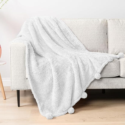 Pavilia Sherpa Throw Blanket - Warm Plush Fuzzy Pom Pom Blanket for Couch, Soft Cozy Fluffy, White, 50x60