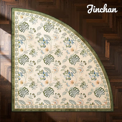 jinchan Elora Floral Corner Rug for Living Room Washable Rug Vintage Romance Christmas Design Non Slip Quarter Circle Lightweight Low-Pile Throw Carpet for Reading Playroom, 8ft Radius, Green/Beige