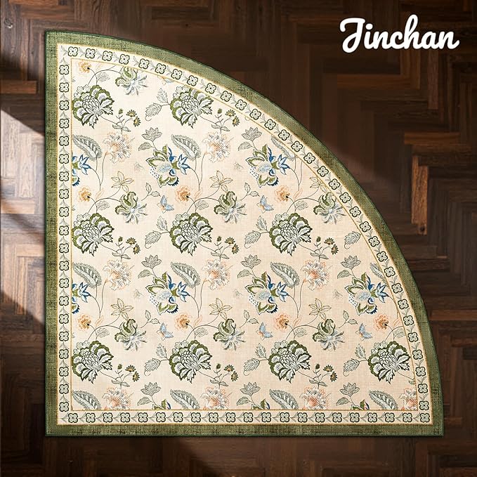 jinchan Elora Floral Corner Rug for Entryway Washable Rug Vintage Romance Christmas Design Non Slip Quarter Circle Lightweight Low-Pile Throw Carpet for Playroom Nook Nursery 4ft Radius, Green/Beige