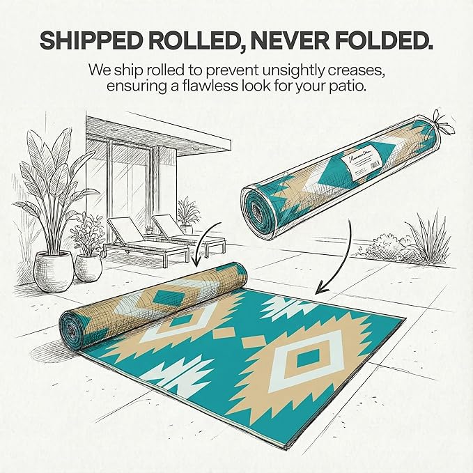 FH Home Outdoor Rug - Waterproof, Fade Resistant, Reversible - Premium Recycled Plastic - Geometric - Patio, Deck, Porch, Balcony - Bursa Kilim - Teal Crease Free - 6 x 9 ft